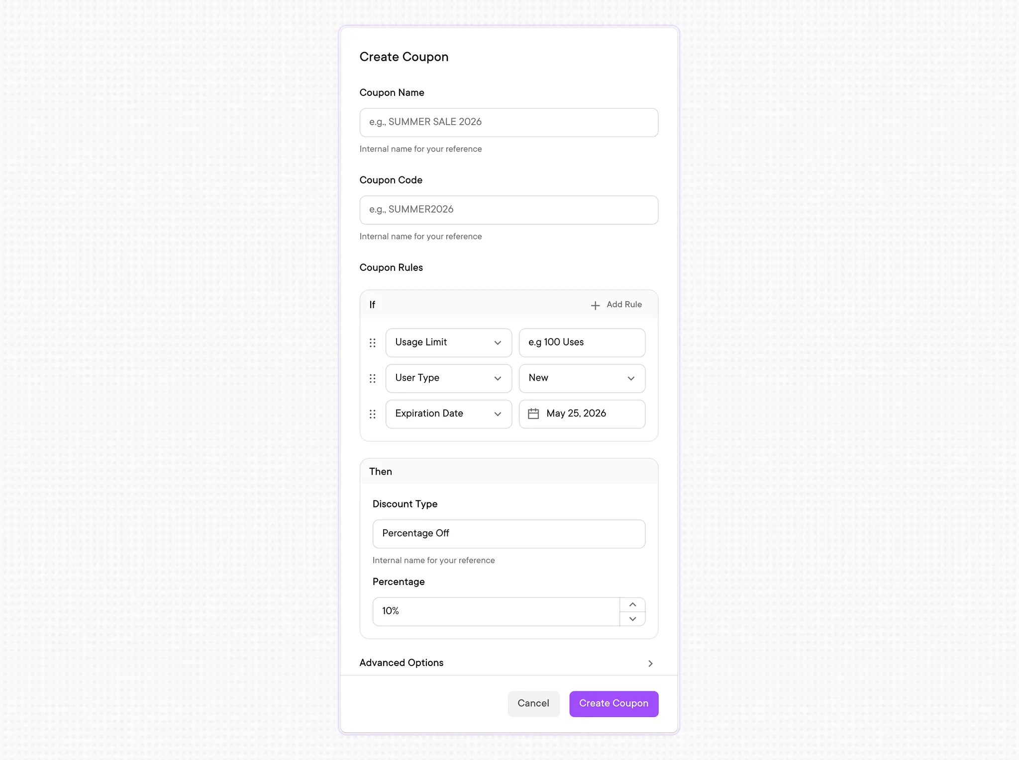 Coupon creation form